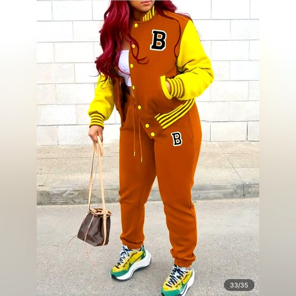 2 Pc: Brown & Yellow Varsity Jacket & Jogger Pants w/Letter “B” Embroidery, NIP - Picture 2 of 6
